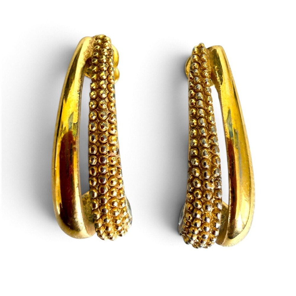 Vintage Monet Gold Tone Textured Beaded Half Hoop Open Pierced Earrings